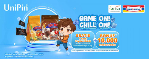 GAME ON, CHILL ON! Tebus GRATISSS Pop Ice Coklat/Mangga dan dapatkan 10.000 UniPin Credits, belanja Voucher UniPin di Indomaret!